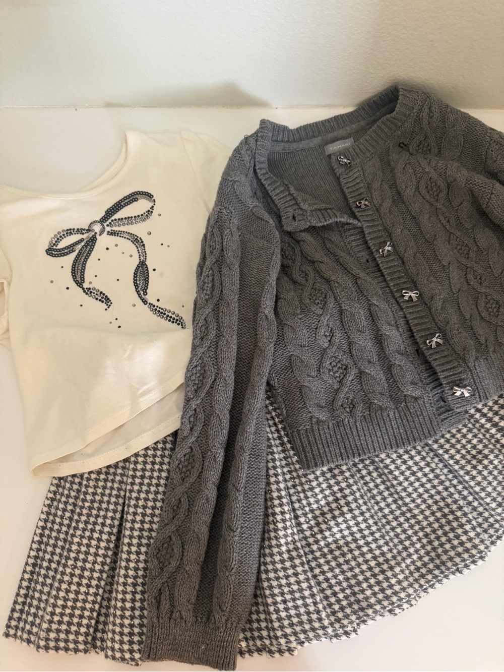 Girls preppy feminine Gray Cable-Knit Button Cardigan Sweater and skirt set